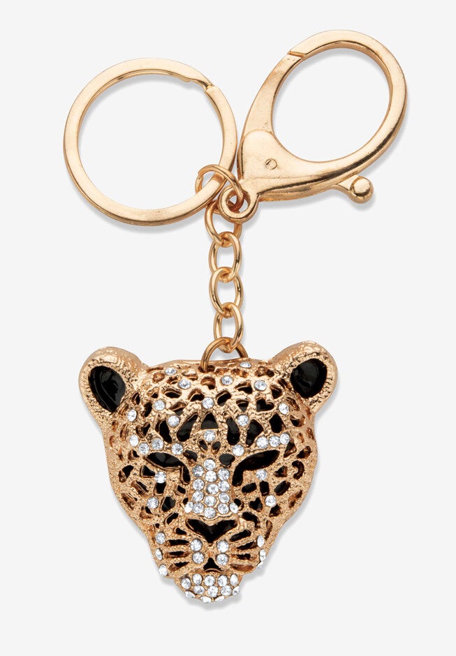 Goldtone and Enamel Round Crystal Leopard Cat Key Ring, CRYSTAL GOLD, hi-res image number 0