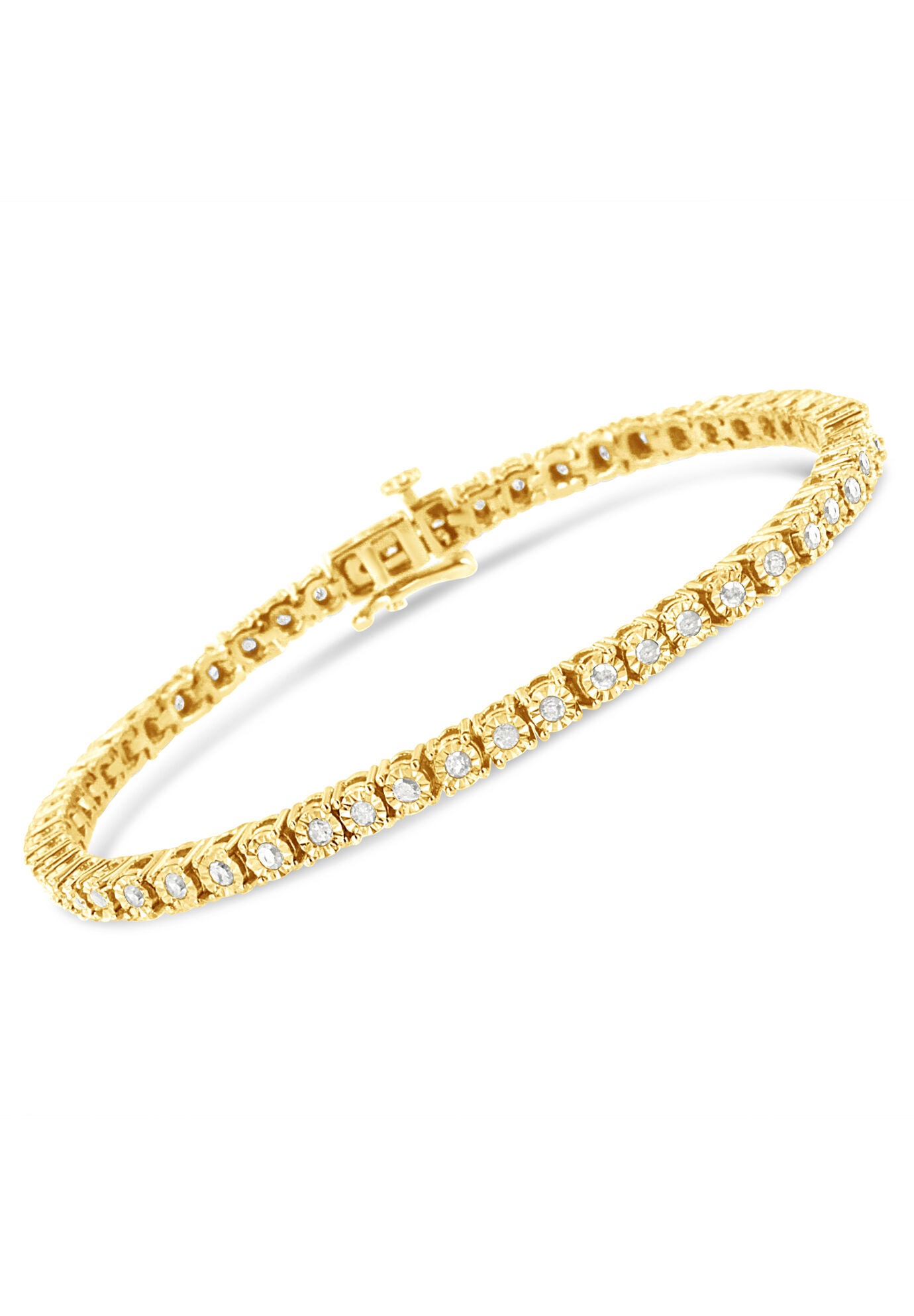 Yellow Gold Plated Sterling Silver Miracleset Diamond Round Faceted Bezel Tennis Bracelet 7 inches, , on-hover image number 1