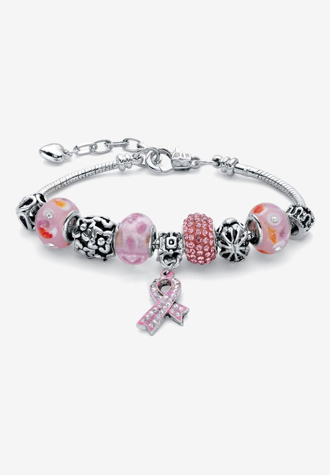 Silver Tone Breast Cancer Charm Bracelet (7Mm), 8 inches Plus 2 inches Extension Jewelry, PINK, hi-res image number 0