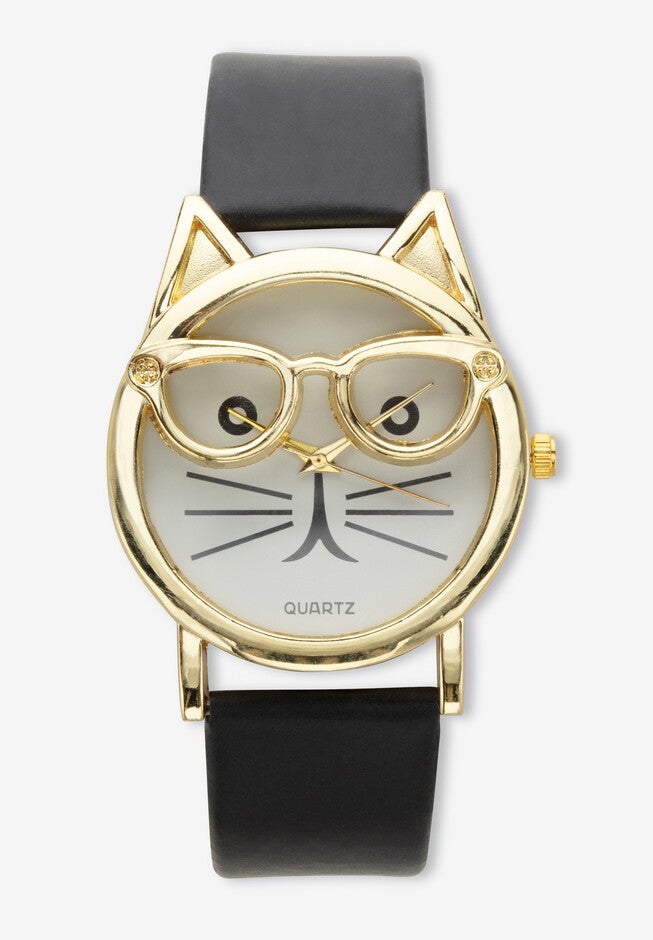 Cat Watch Gold Tone With Adjustable Black Strap 8 inches Length, GOLD, hi-res image number 0