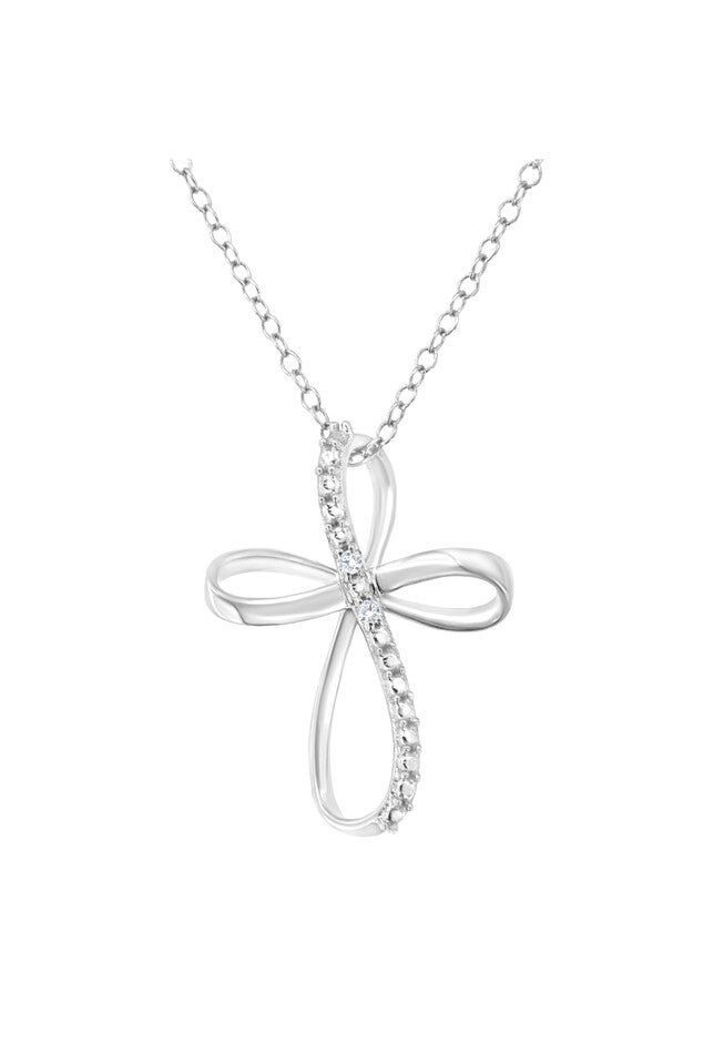 Sterling Silver Diamond Accent Cross Ribbon Pendant Necklace, WHITE, hi-res image number null