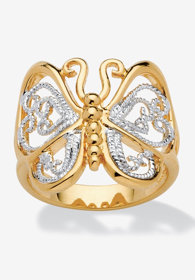 Yellow Gold Plated Two Tone Filigree Butterfly Ring, GOLD, hi-res image number 0