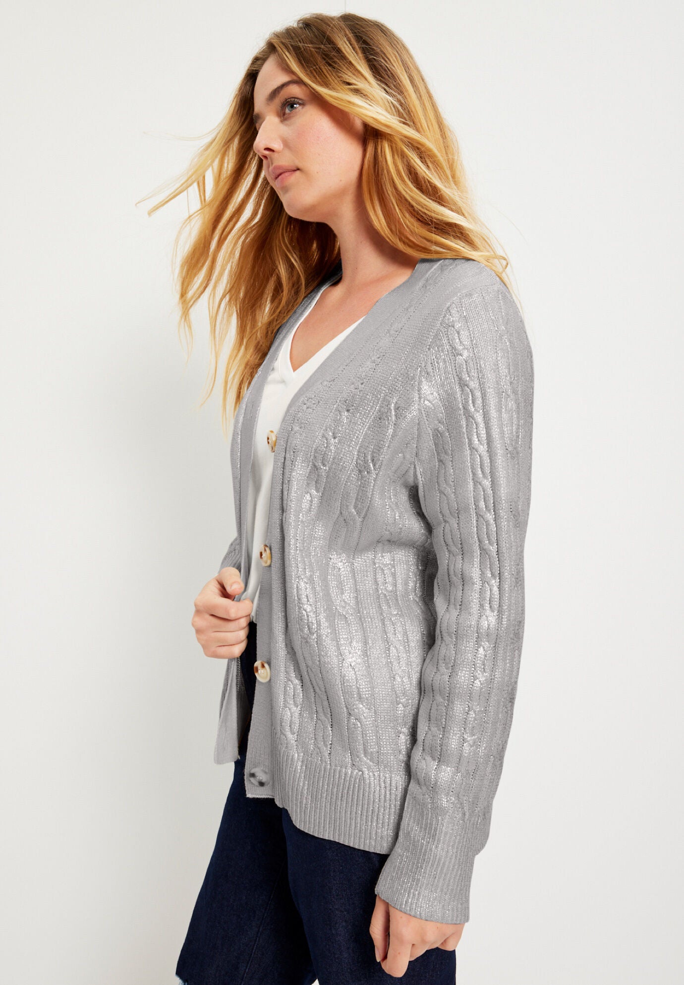 Metallic Cable-Knit Cardigan, , alternate image number 2