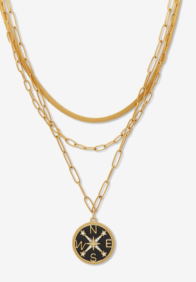 Yellow Gold Ion-Plated Stainless Steel 3-Strand Layered Necklace Set With Compass Pendant, GOLD, hi-res image number null