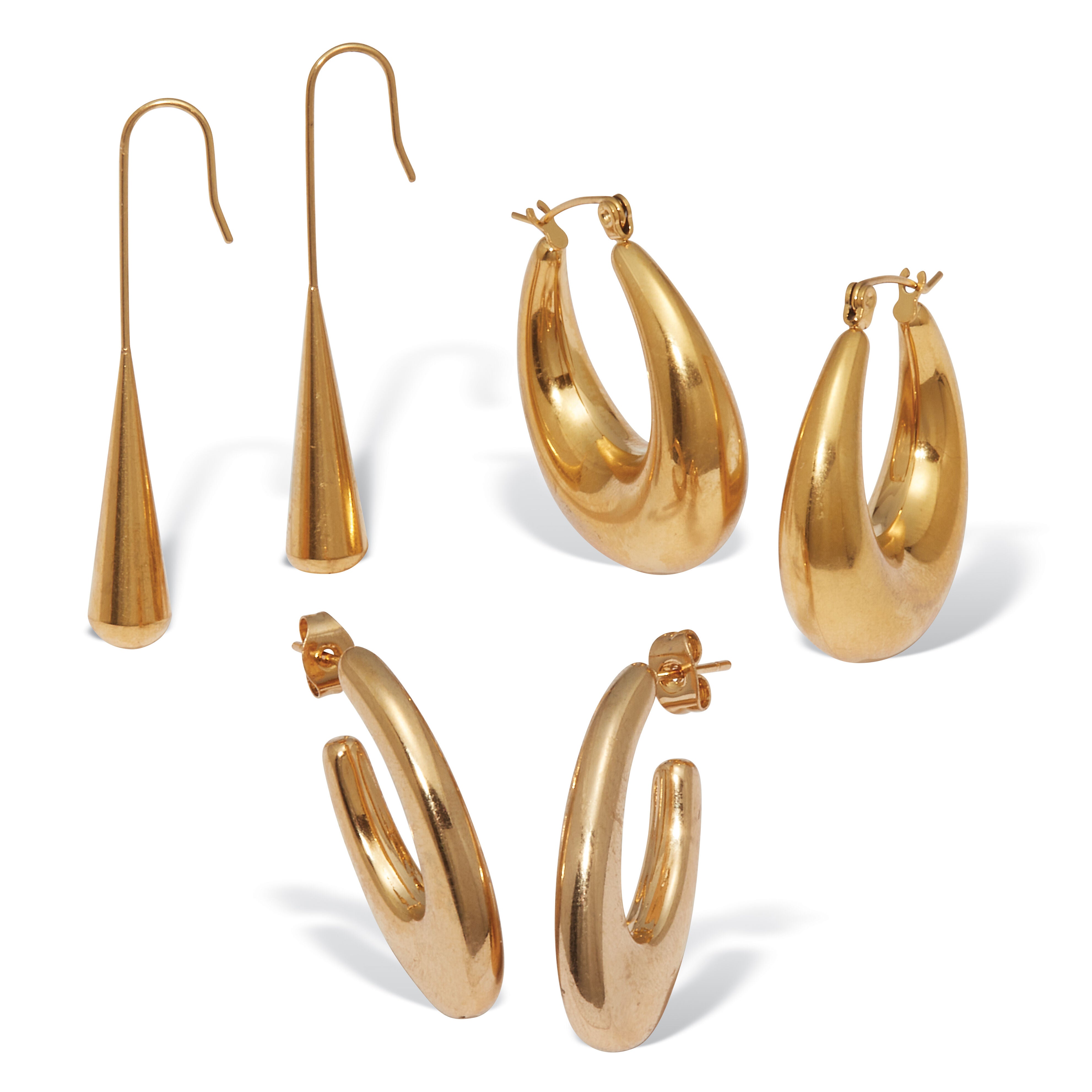 Yellow Gold Ion-Plated Stainless Steel Hoop Earrings, 3-Pair Set, GOLD, hi-res image number 0