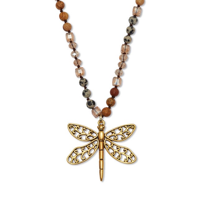 Round Genuine Jasper Goldtone Dragonfly Pendant Necklace 34-inch, DENIM, hi-res image number null