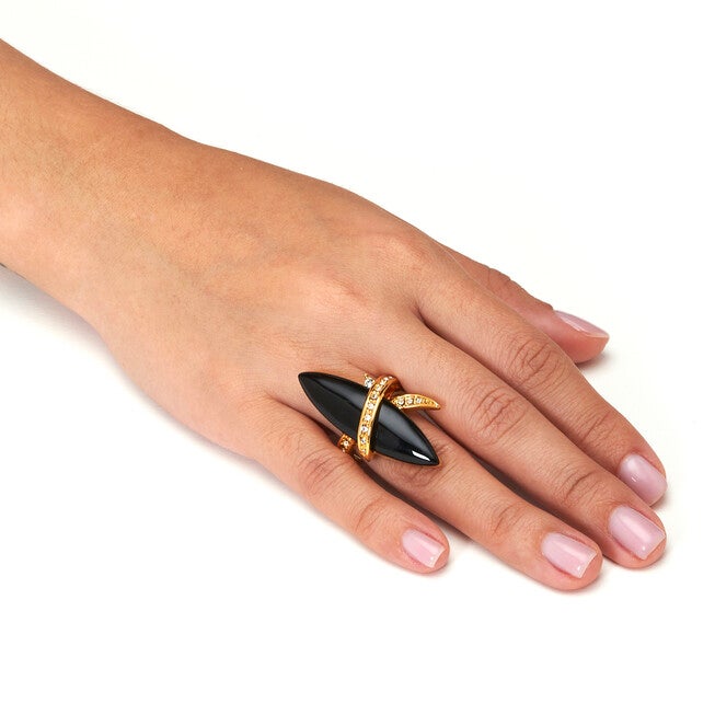 Gold-Plated Wrapped Marquise Onyx and Crystal Ring, BLACK, alternate image number null