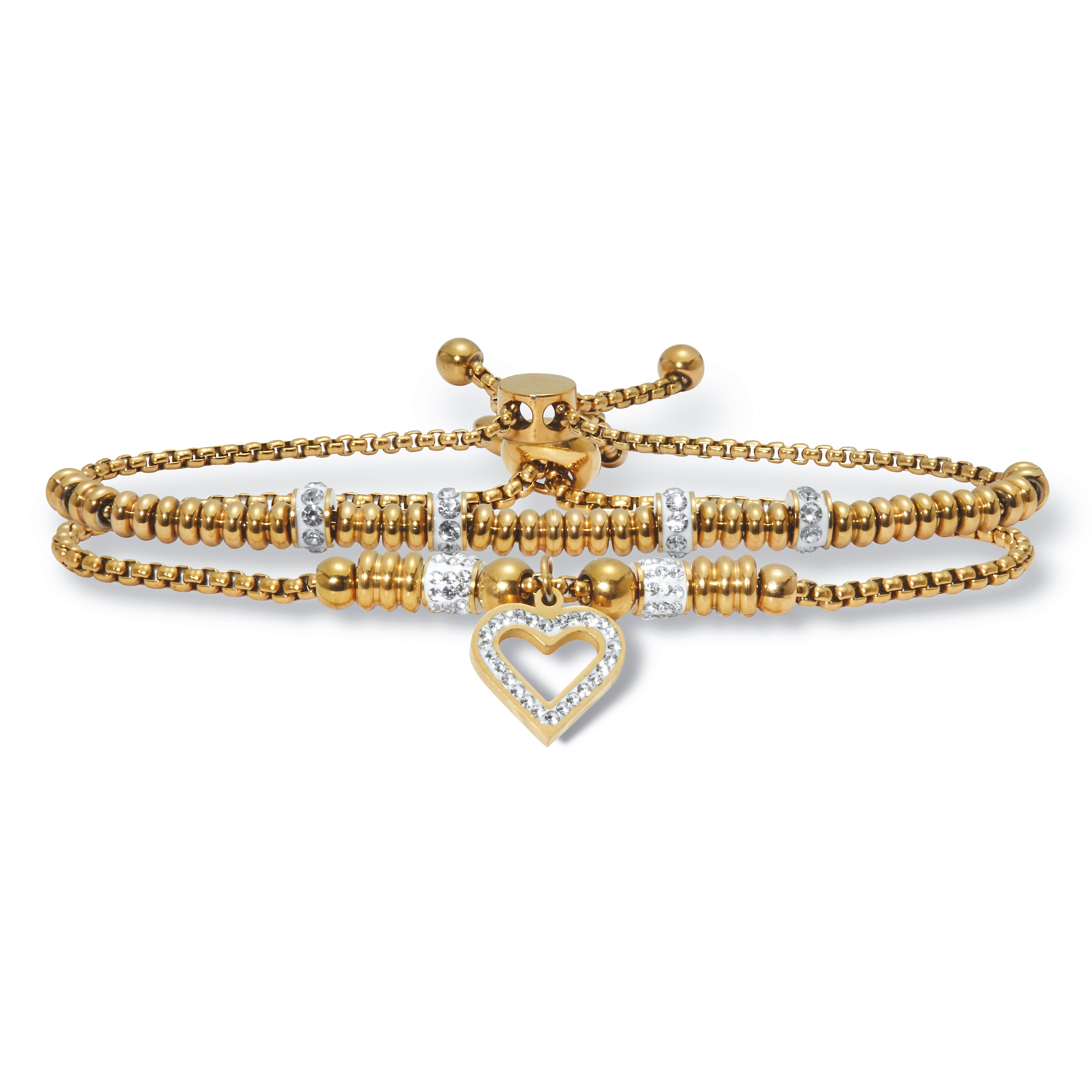Round Crystal Gold Ion-Plated Stainless Steel Heart Charm Bracelet Set 7-inch, WHITE, hi-res image number 0