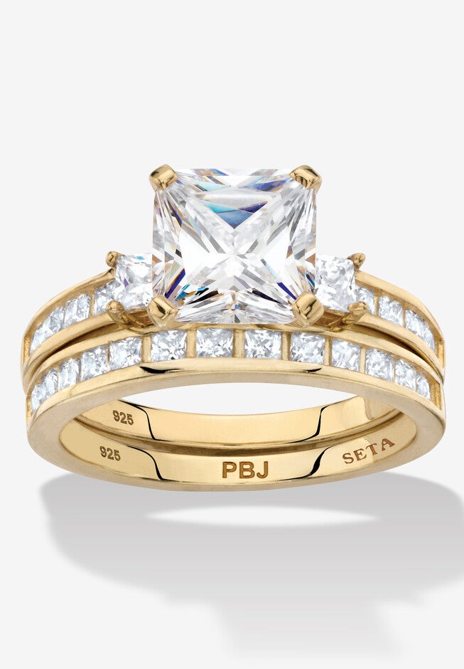 3.62 Cttw 2-Piece 14K Gold Plated .925 Silver Cubic Zirconia Wedding Ring Set, GOLD, hi-res image number 0