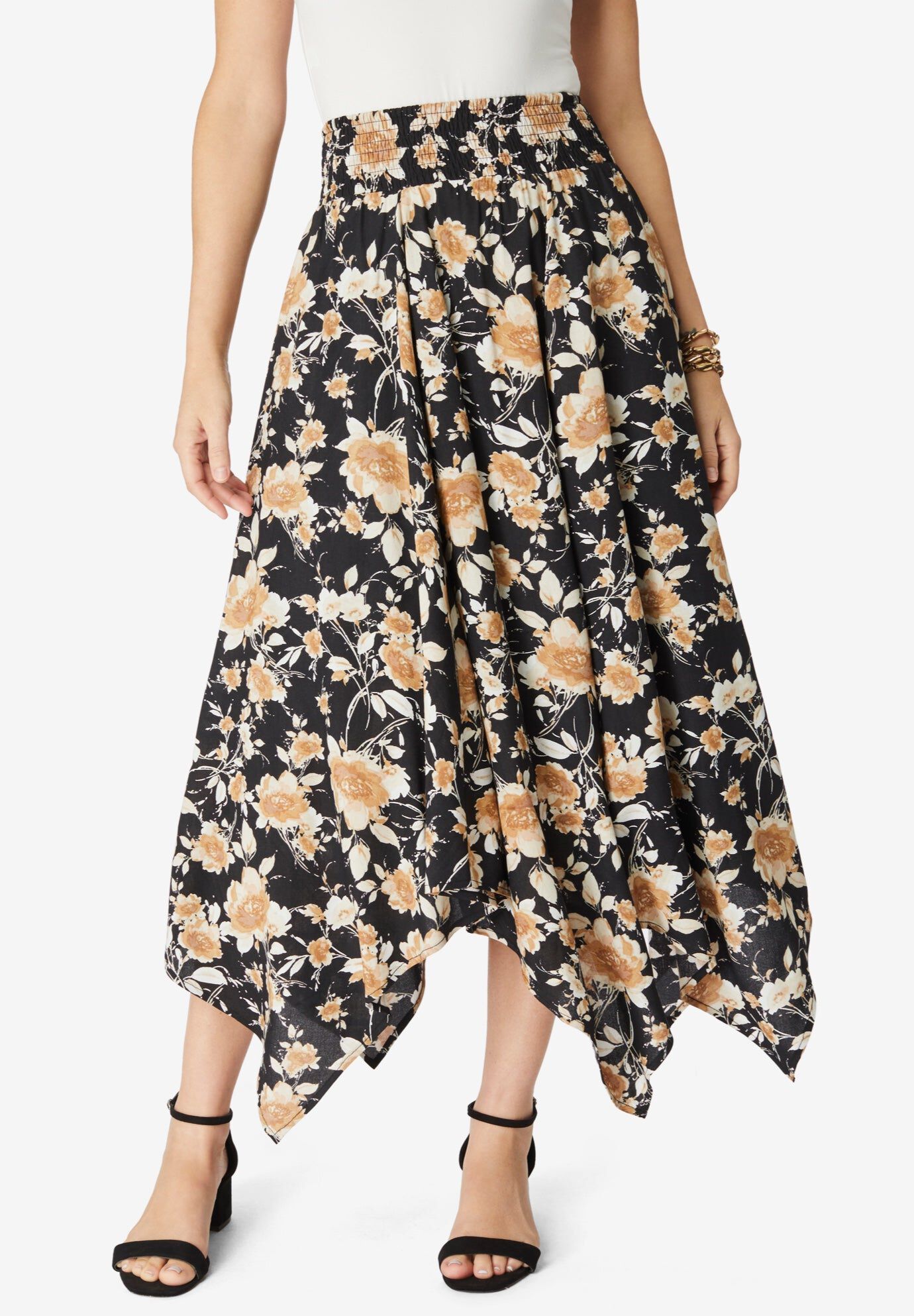 Plus Size Handkerchief Hem Skirt, CAMEL WATERCOLOR ROSE, hi-res image number 0