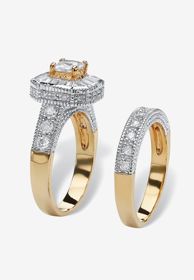 2.35 Tcw Cz Two-Tone Vintage-Style Gold-Plated 2-Piece Bridal Ring Set, , on-hover image number null