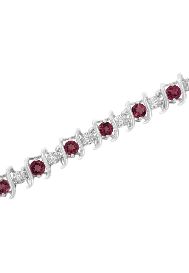 Sterling Silver Gemstone & Round Diamond Tennis Bracelet Ruby July Birthstone, , alternate image number null