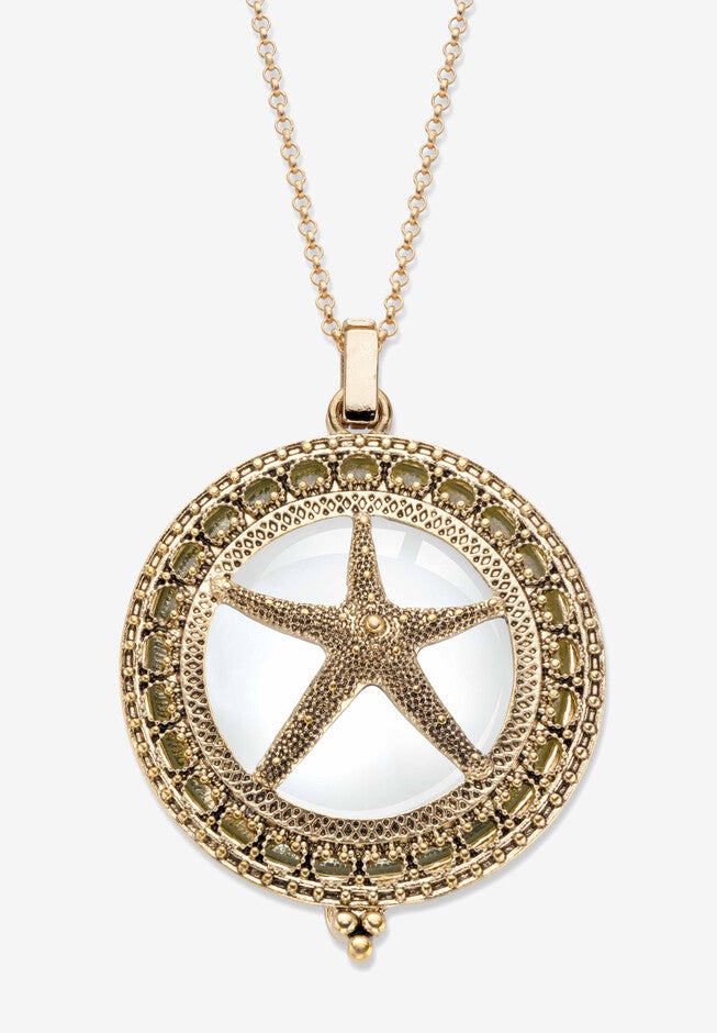 Goldtone Antiqued Starfish Magnifier Pendant with 32 inches Chain, GOLD, hi-res image number null