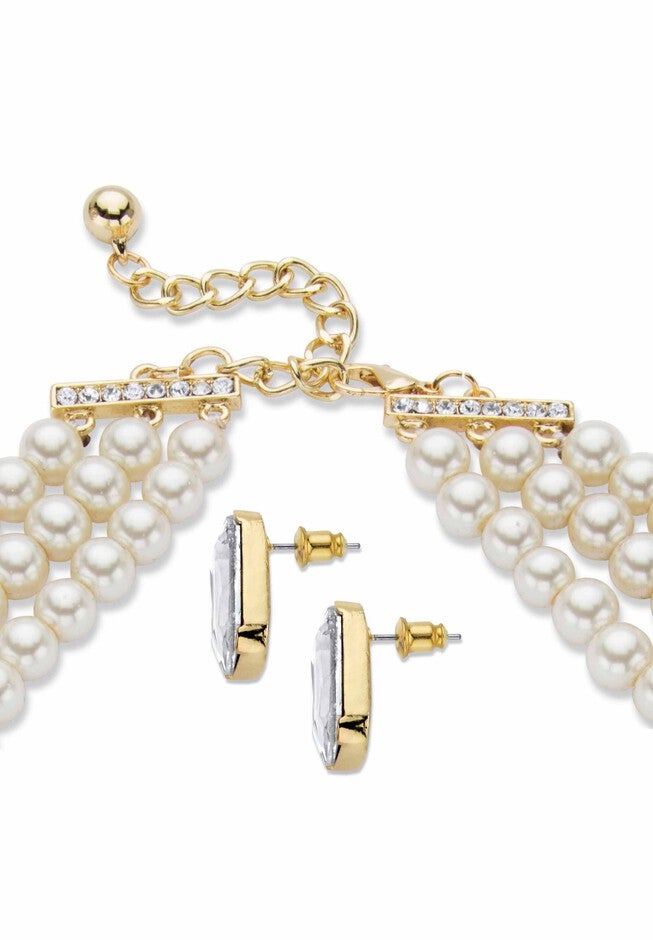 Gold Tone Simulated Pearl Bib 17 inches Necklace Set with Emerald Cut Crystals, , on-hover image number null