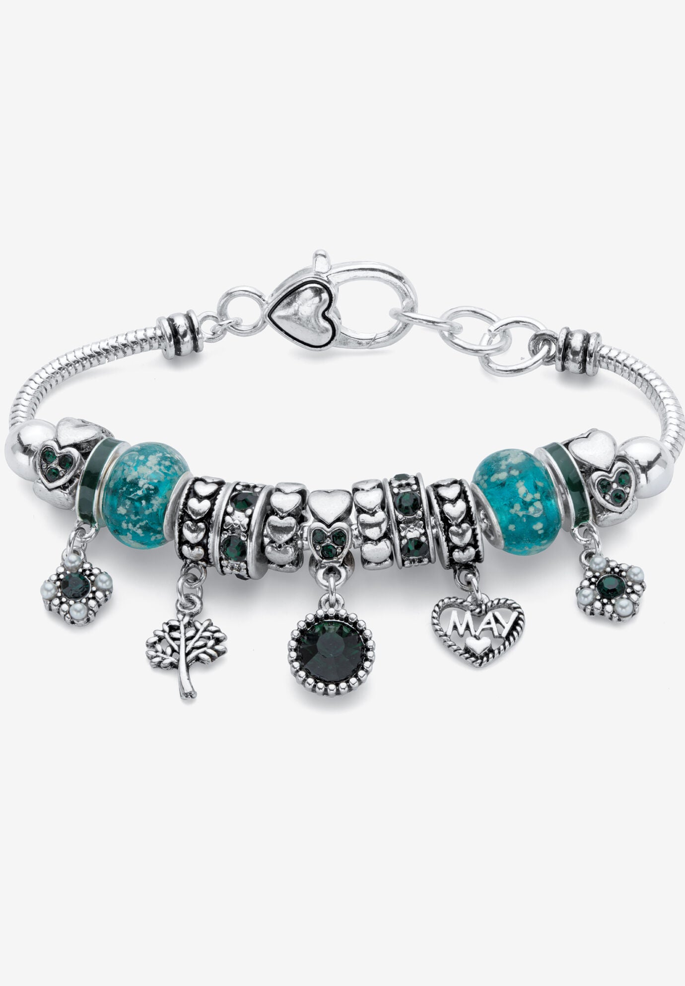 Antiqued Silvertone Simulated Birthstone 8 inches Charm Bracelet, MAY, hi-res image number 0