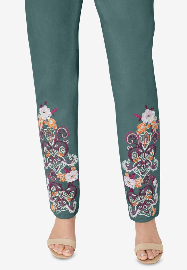 Invisible Stretch® Contour Paisley-Embroidered Straight-Leg Jean., , alternate image number null