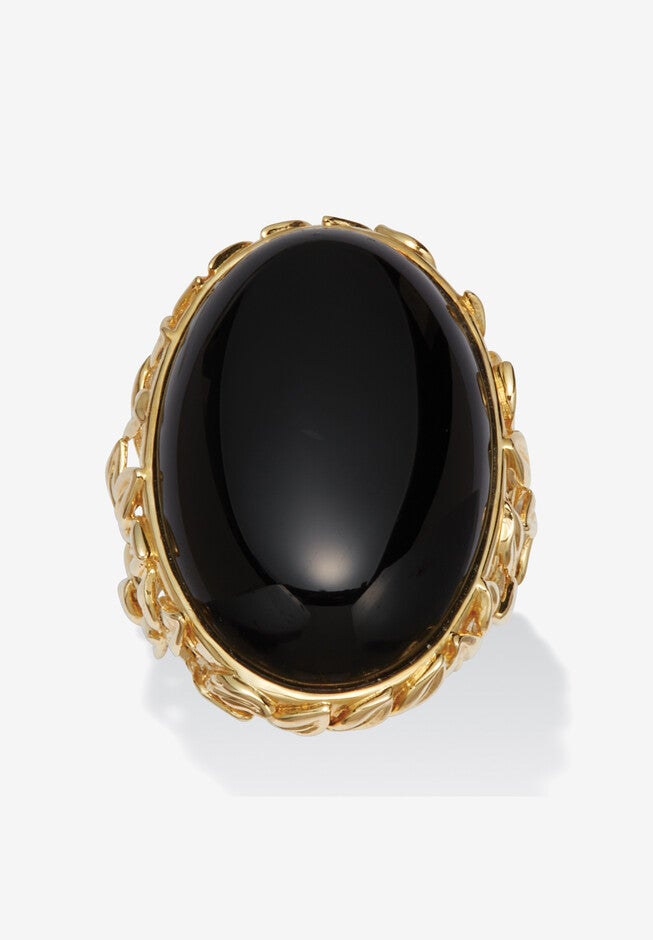 Oval Genuine Black Agate 18K Yellow Gold Cabochon Ring, BLACK, hi-res image number null