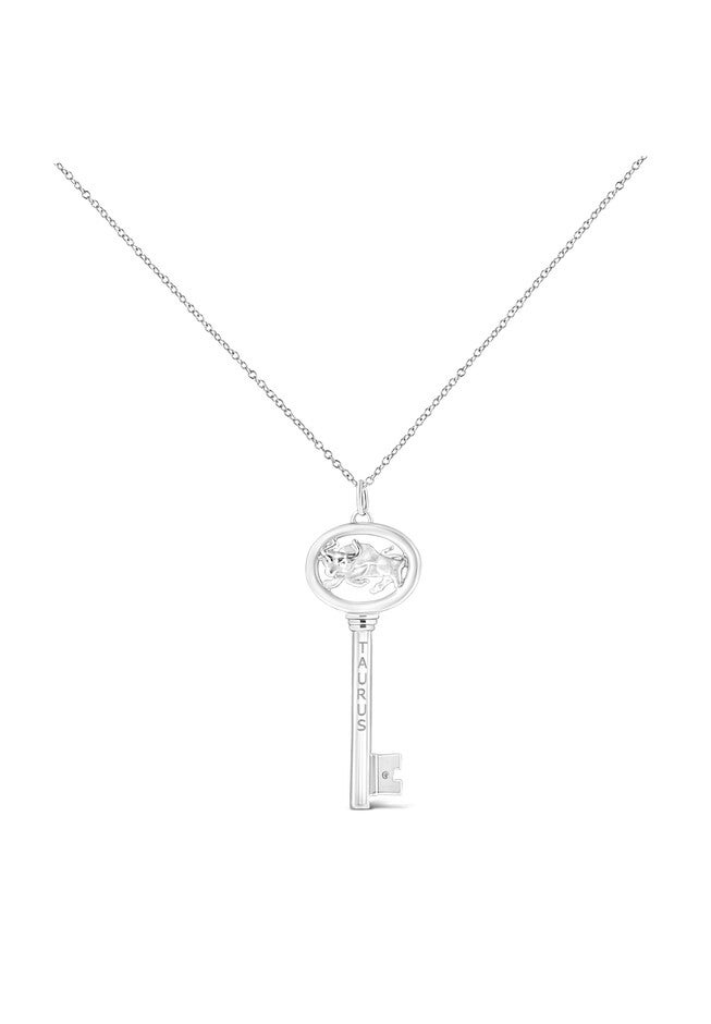 Sterling Silver Diamond Accent Taurus Zodiac Key Pendant Necklace, , on-hover image number 1