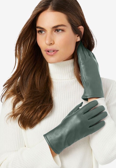 Fleece-Lined Leather Gloves, PINE, hi-res image number null