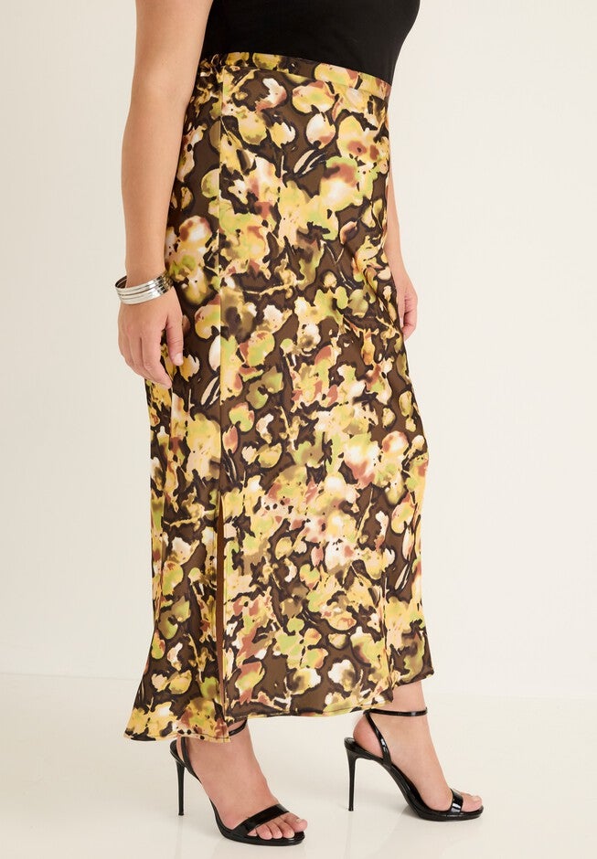 Satin Side-Slit Midi Skirt, , alternate image number null