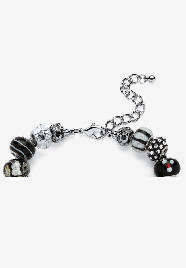 Silver Tone Antiqued Bali Style Bead Charm Bracelet, Crystal 8 inches Jewelry, , on-hover image number null