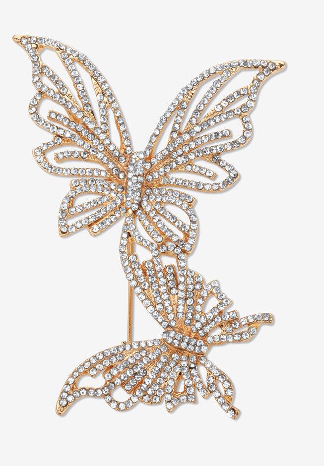Goldtone Butterfly Pin Round Crystal, CRYSTAL, hi-res image number 0