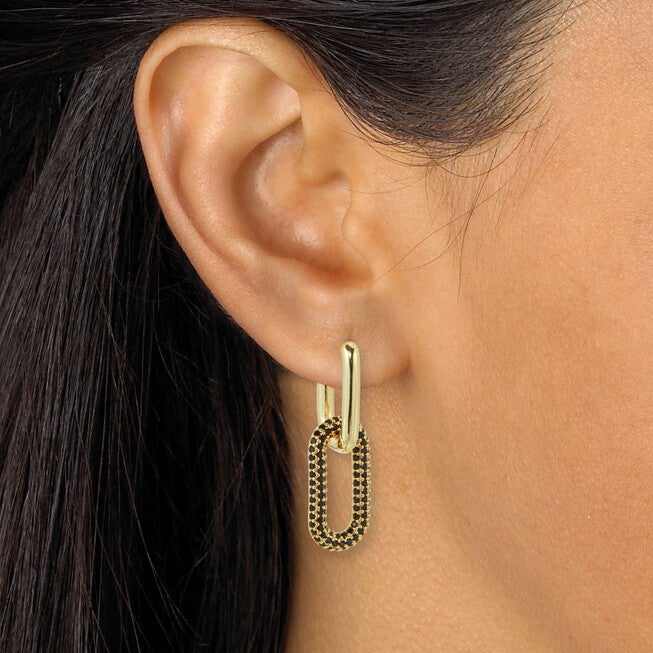 Round Black Crystal Goldtone Oval Link Drop Earrings, BLACK, alternate image number null