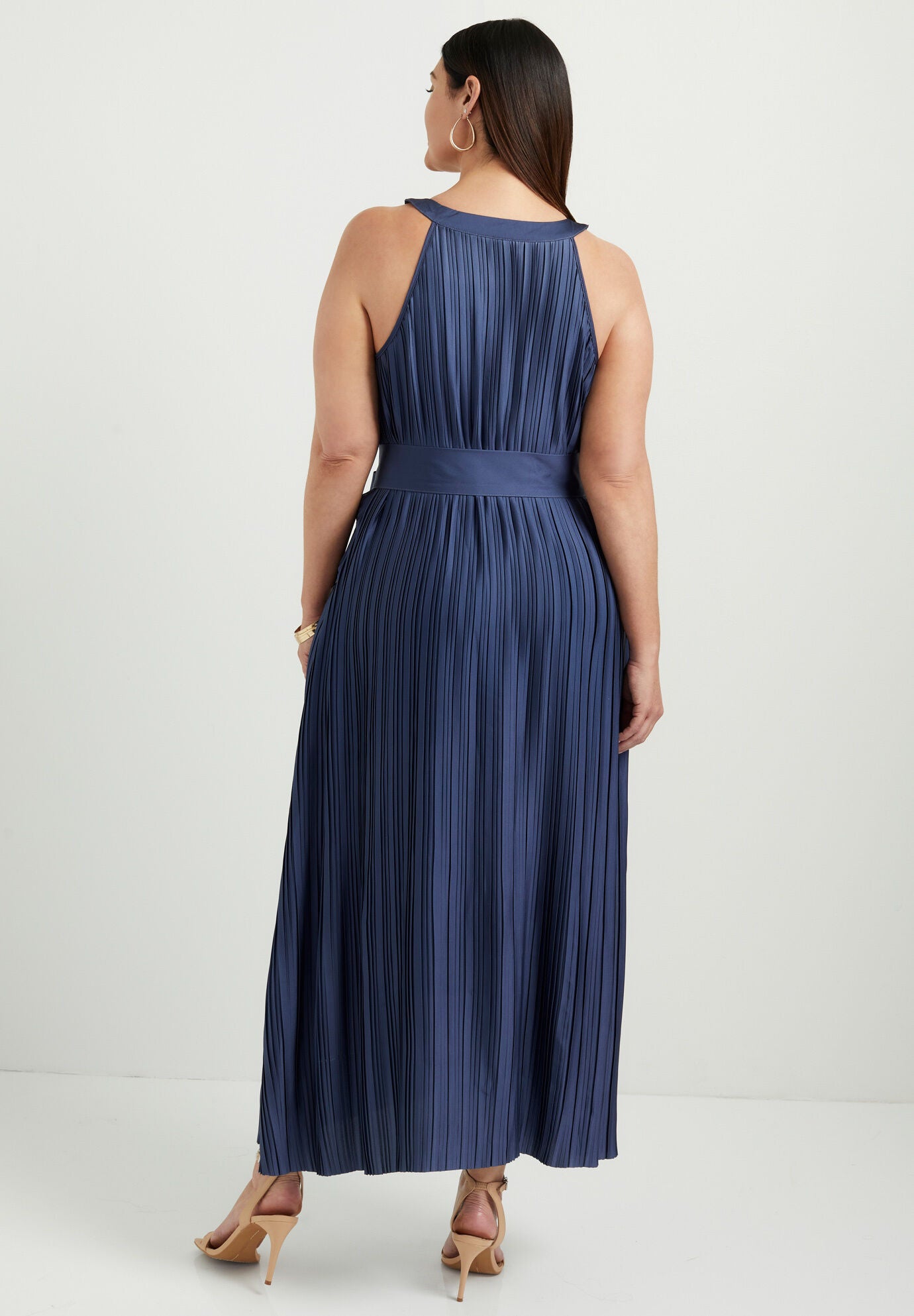 Pleated Halter Maxi Dress, DEEP MARINE, on-hover image number 1