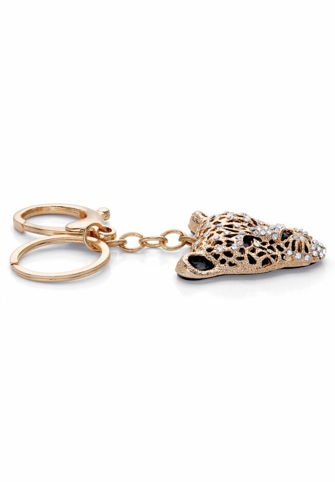 Goldtone and Enamel Round Crystal Leopard Cat Key Ring, , on-hover image number 1