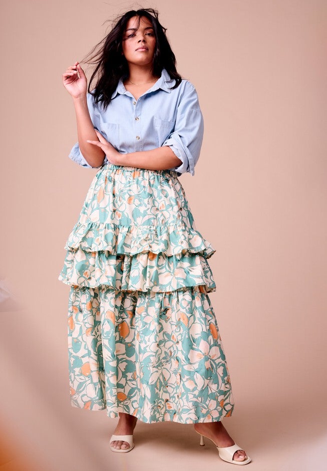 Poplin Tiered Midi Skirt, SPRING GARDEN, hi-res image number null
