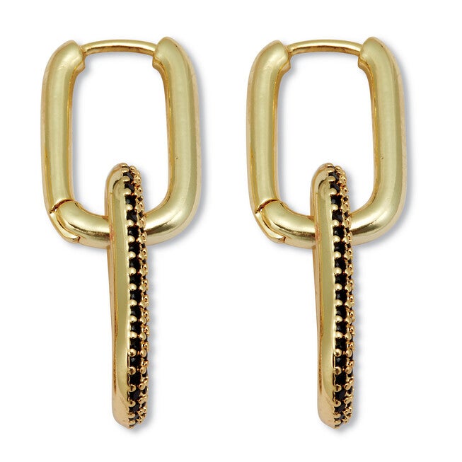 Round Black Crystal Goldtone Oval Link Drop Earrings, BLACK, on-hover image number null