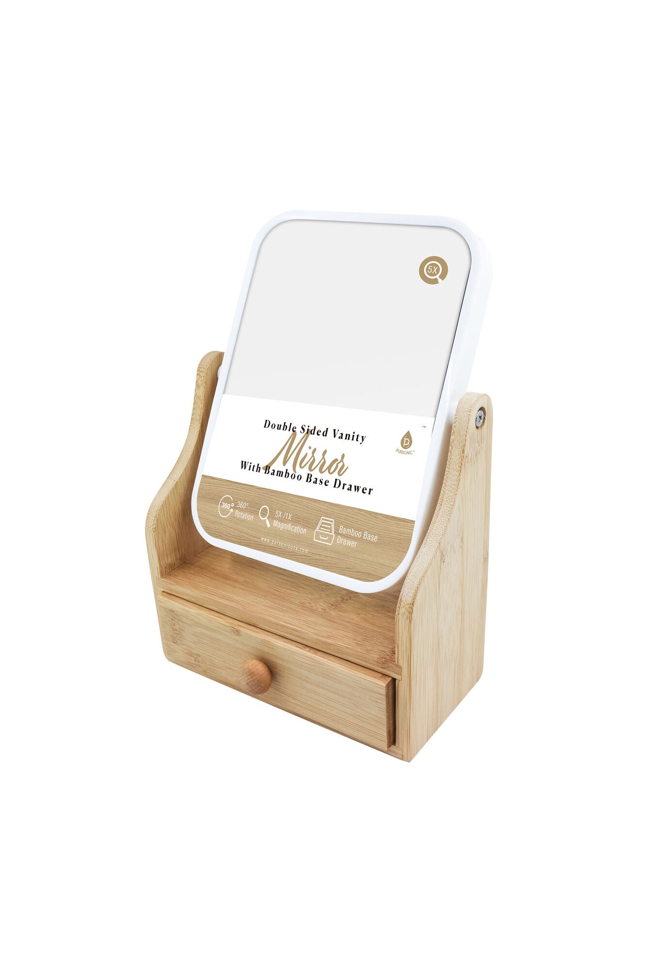 Dual Sided Mirror With Organizer Tray, Bamboo Base Drawer &bull; 360&deg; Rotation &bull; 5X/ 1X Magnification, O, hi-res image number 0
