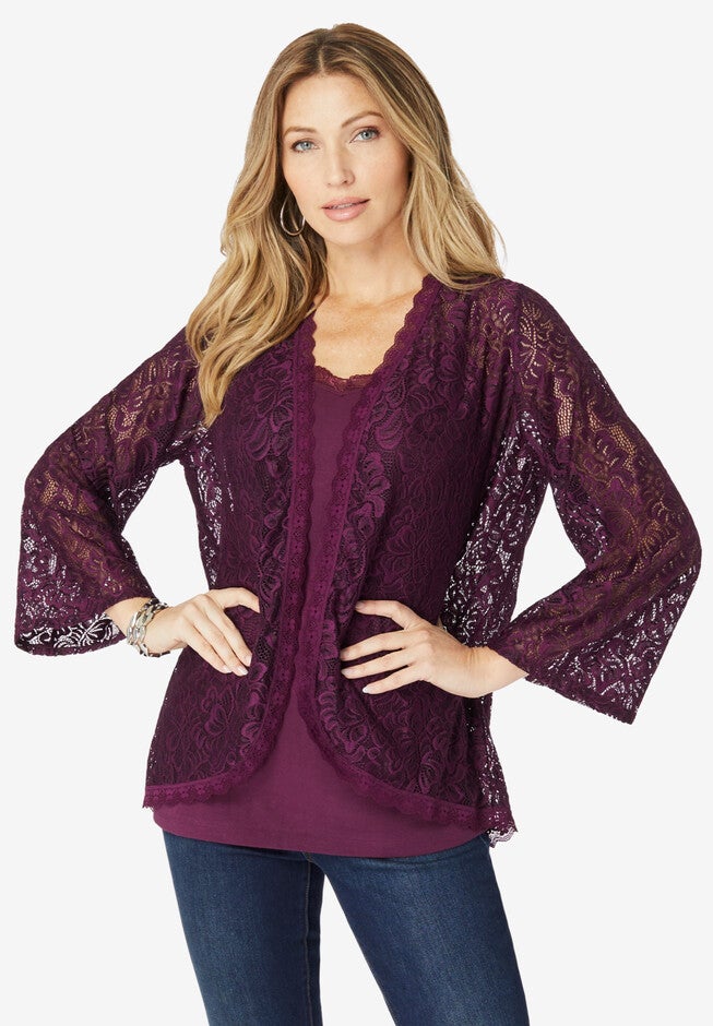 Allover Lace Cardigan, DARK BERRY, hi-res image number null