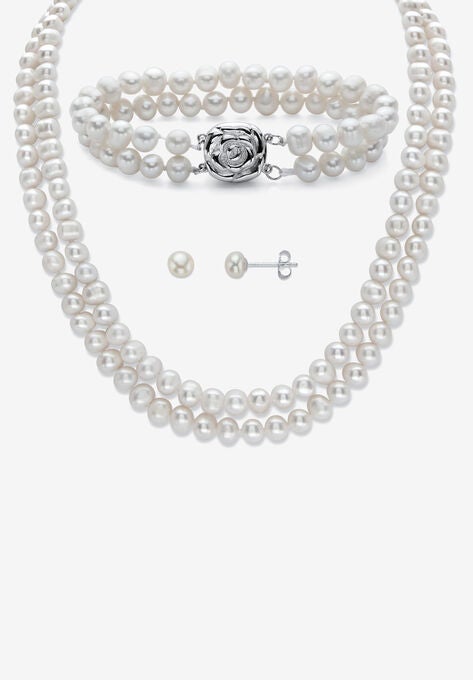 Pearl 3-Piece Earring, Double Strand Necklace And Bracelet Set In Sterling Silver 18", PEARL, hi-res image number null