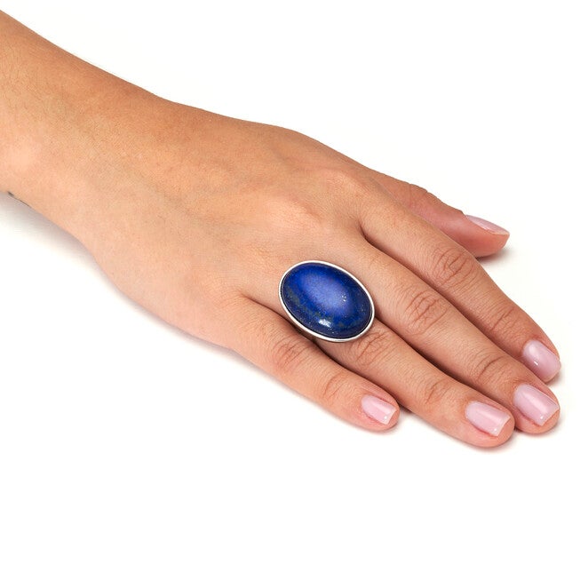 Oval Genuine Blue Lapis Platinum-Plated Ring, BLUE, alternate image number 2
