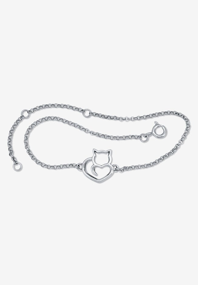 Sterling Silver Cat Charm Bracelet 7.5 Inch Length, SILVER, hi-res image number null