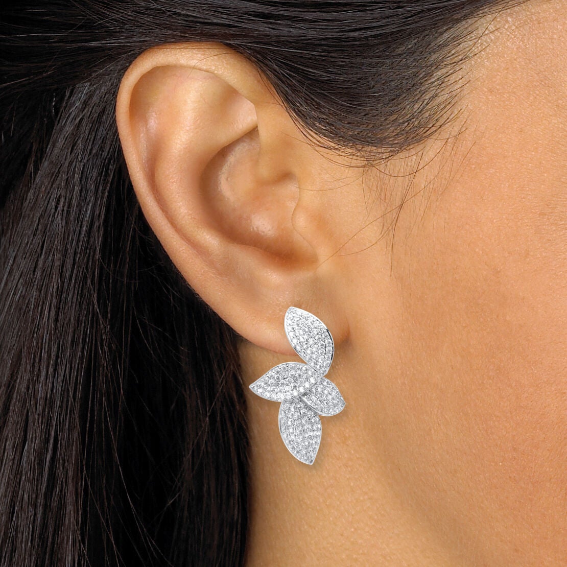 Round Pave-Style Crystal Silvertone Drop Flower Shape Earrings, WHITE, alternate image number 2