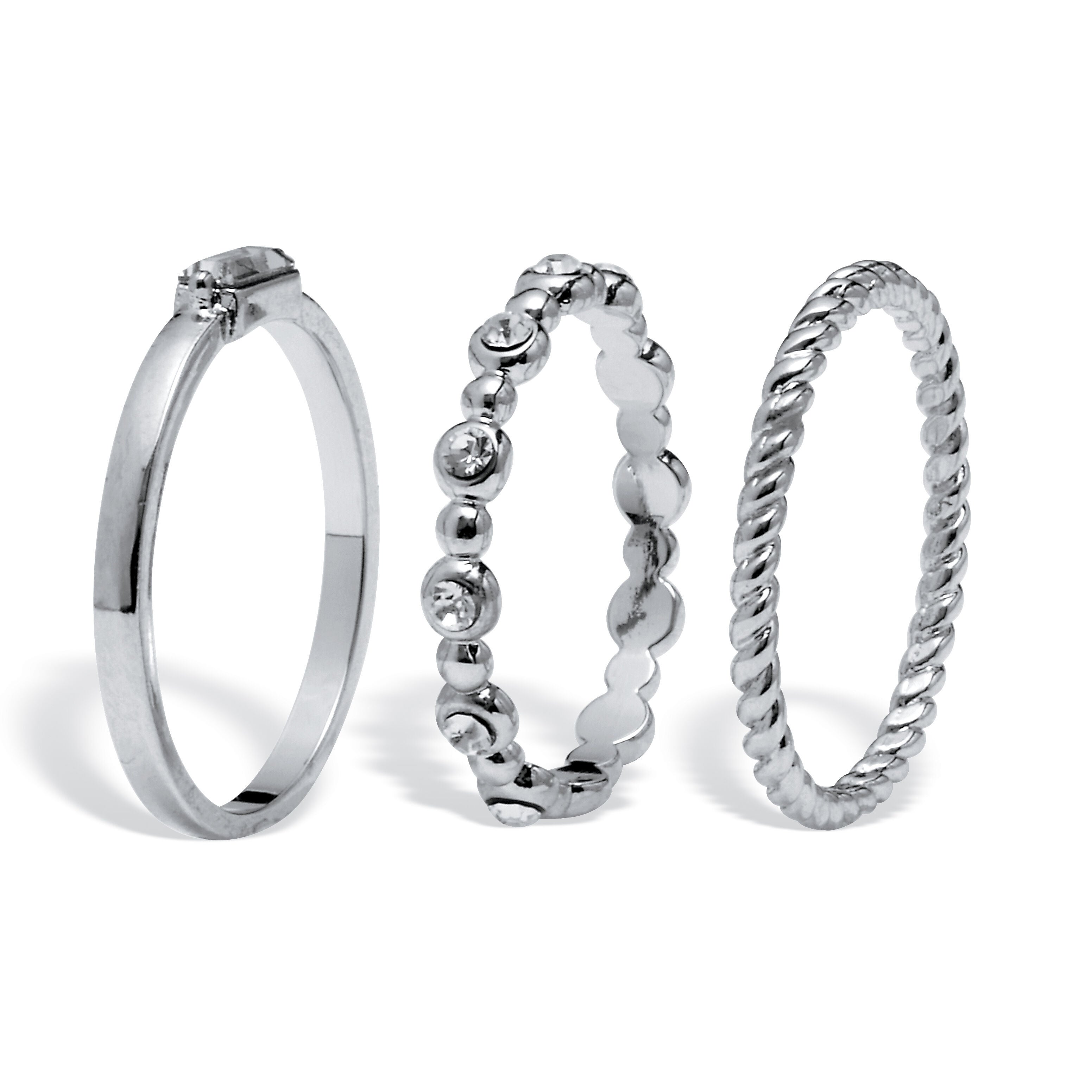 3-Piece Platinum Plated Crystal Stacked Band Set, WHITE, on-hover image number 1