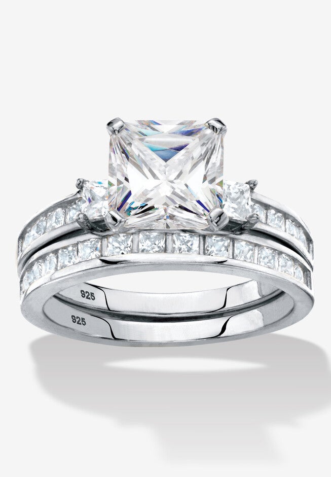 3.62 Cttw 2-Piece Platinum Plated .925 Silver Cubic Zirconia Wedding Ring Set, SILVER, hi-res image number null
