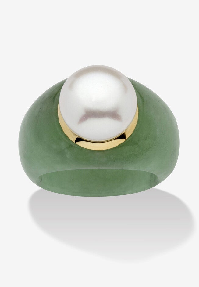 10K Gold Genuine Cultured Freshwater Pearl And Green Jade Ring Jewelry, PEARL JADE, hi-res image number null