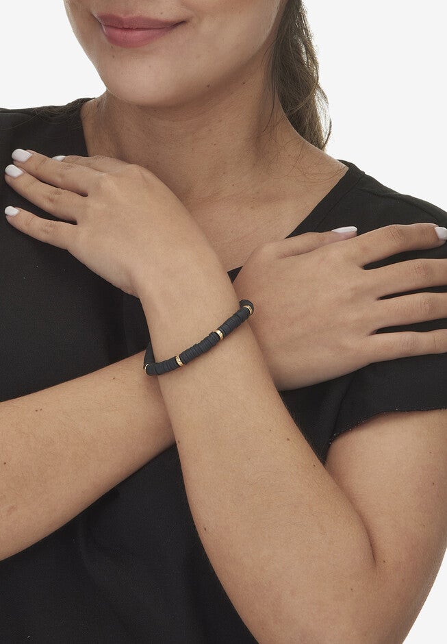 Black Disc Beaded Goldtone Hoop Earrings And Stackable Stretch Bracelet Set, , alternate image number null