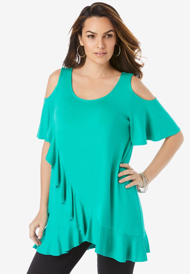 Cold-Shoulder Ruffle Ultra Femme Tunic, TROPICAL EMERALD, hi-res image number 0