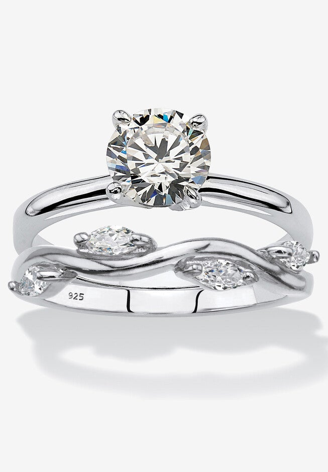 1.48 Cttw. Cubic Zirconia Sterling Silver 2-Pc. Solitaire Vine Bridal Ring Set, SILVER, hi-res image number 0