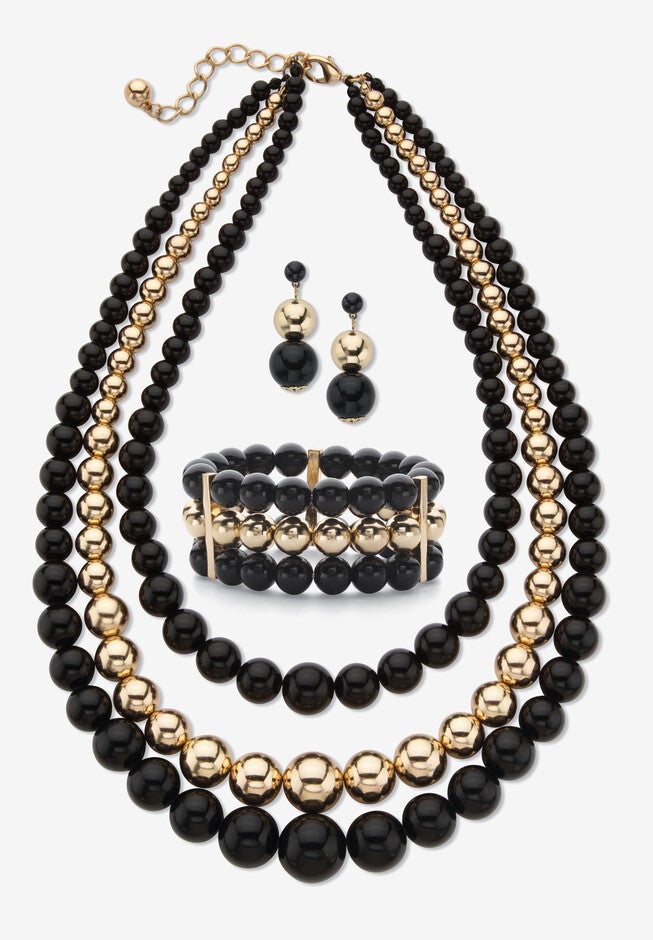 3-Piece Set Bib Necklace (43Mm), Round Simulated Beads, 16.5 Inches Plus 3 inches Ext, WHITE, hi-res image number null
