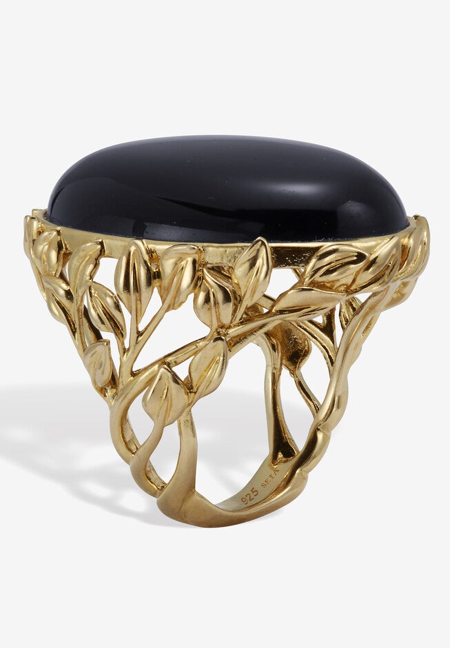 Oval Genuine Black Agate 18K Yellow Gold Cabochon Ring, , on-hover image number null