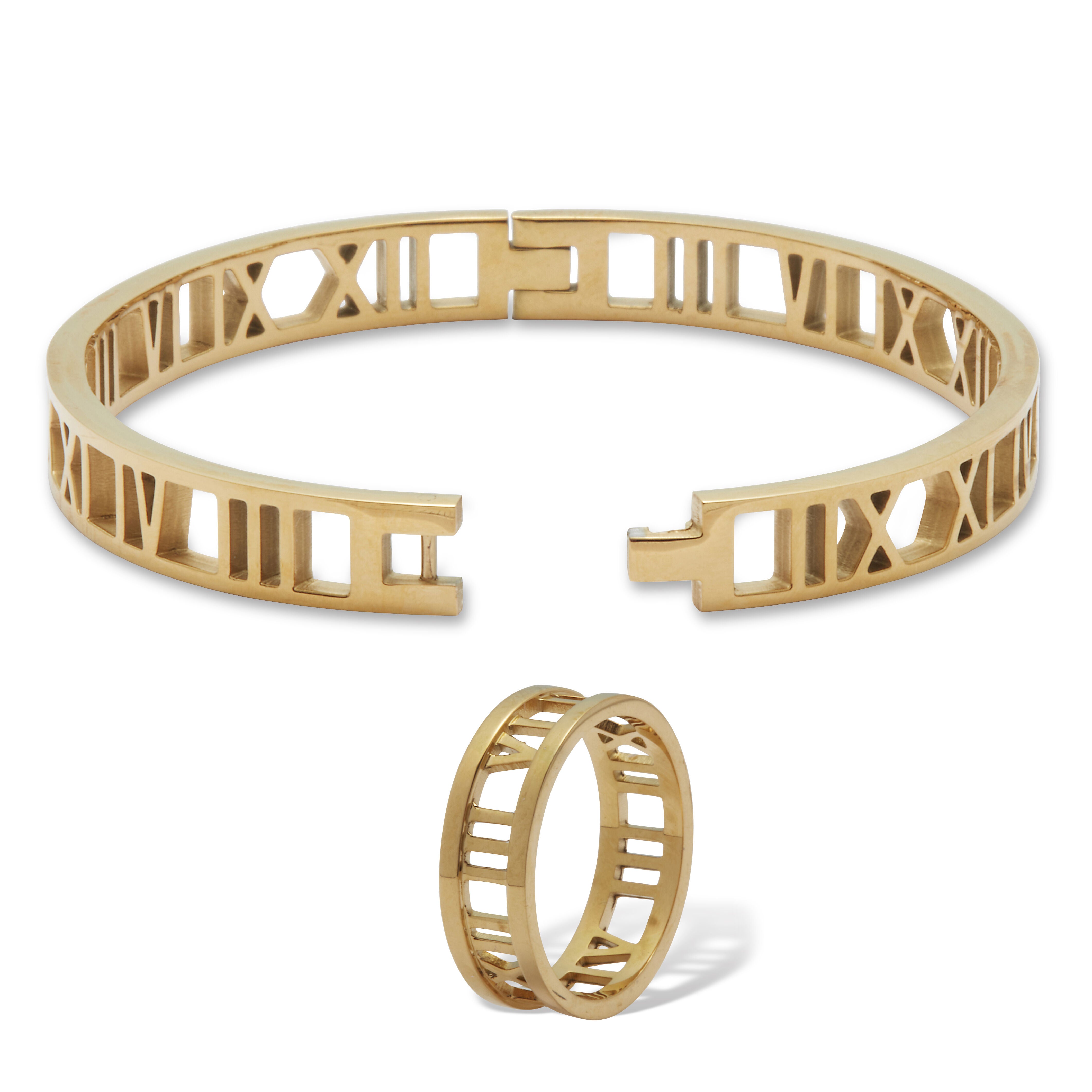 Roman Numeral Gold Ion-Plated Stainless Steel Bracelet and Ring Set, YELLOW, on-hover image number 1