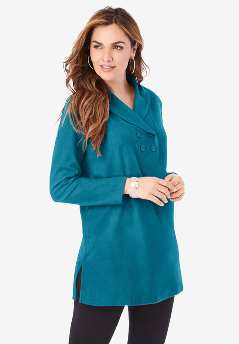 Double Button Sherpa Fleece Tunic, DEEP TEAL, hi-res image number null