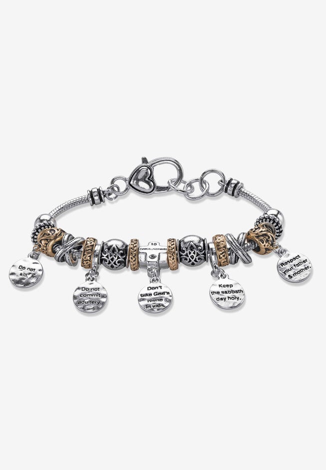 Silver Tone 10 Commandments Charm Bracelet Lucite 7.5 inches plus 1 inches ext, SILVER, hi-res image number null