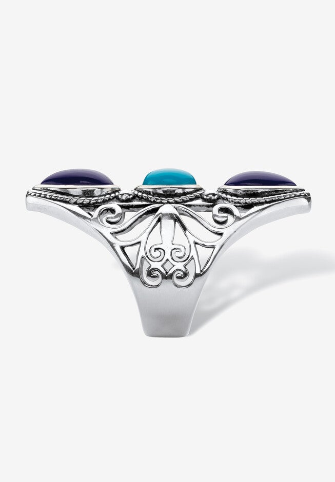 Simulated Turquoise And Sapphire Antiqued .925 Silver Boho Scroll Ring Jewelry, , on-hover image number null