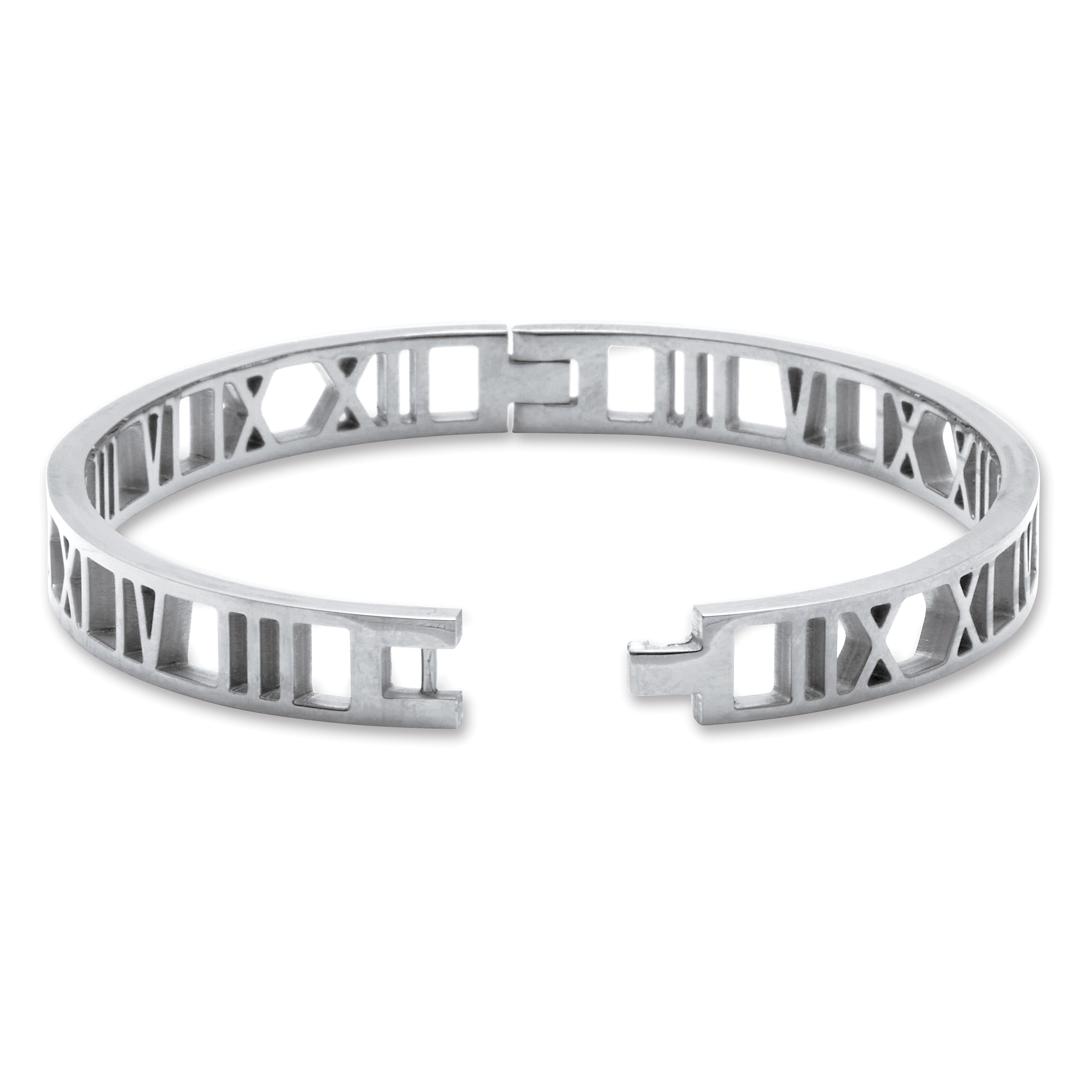 Roman Numeral Stainless Steel Bangle Bracelet, SILVER, on-hover image number 1